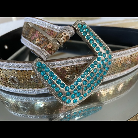 Vintage blue rhinestone and gold sequin belt -small - Picture 4 of 7